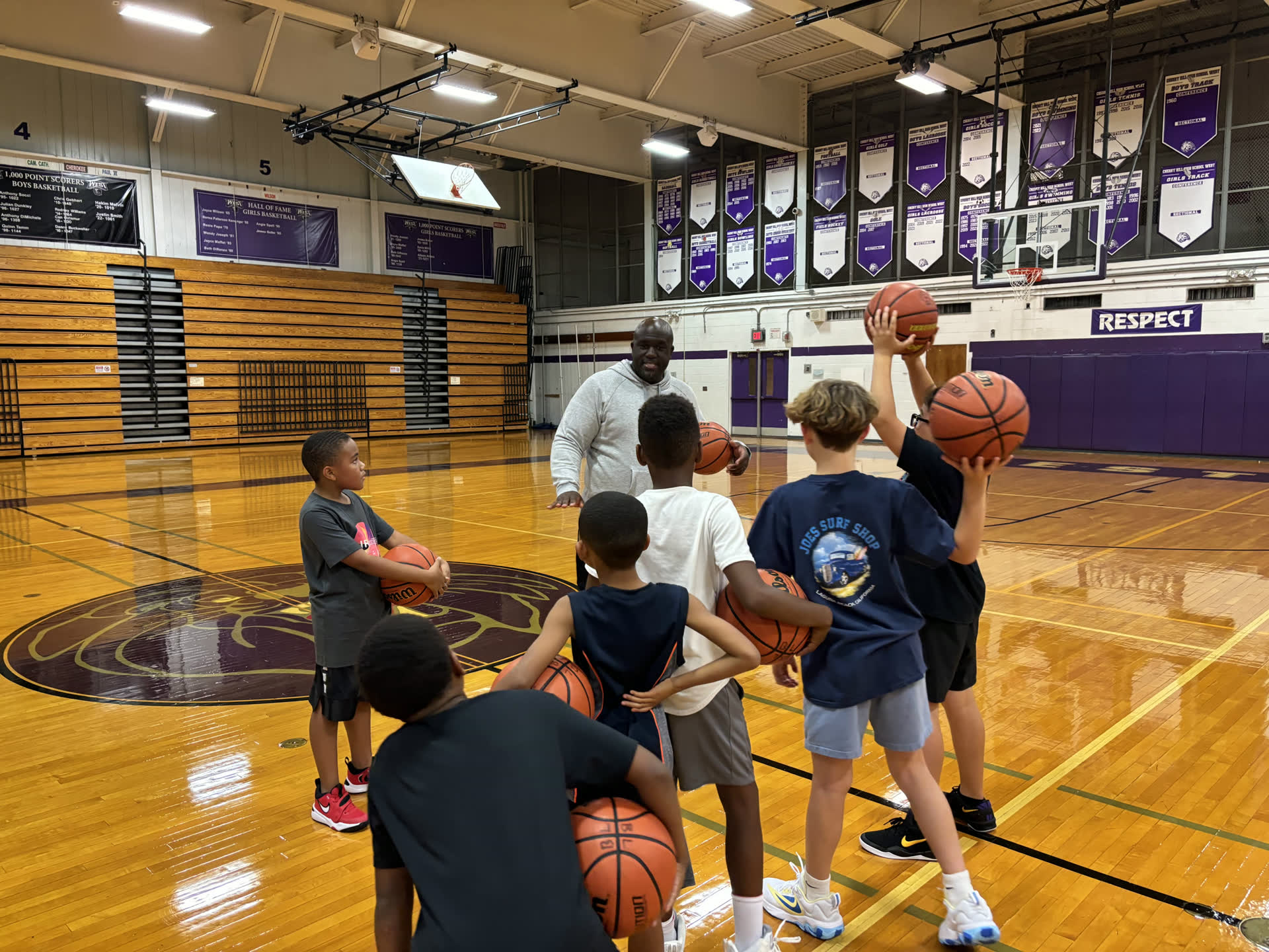 Youth players with basketballs at a Baseline Hoops NJ group training session